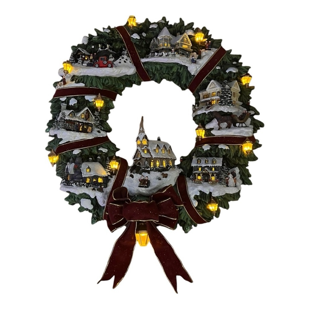 Thomas Kinkade Christmas light up wreath, vintage he, battery or cord, houses
